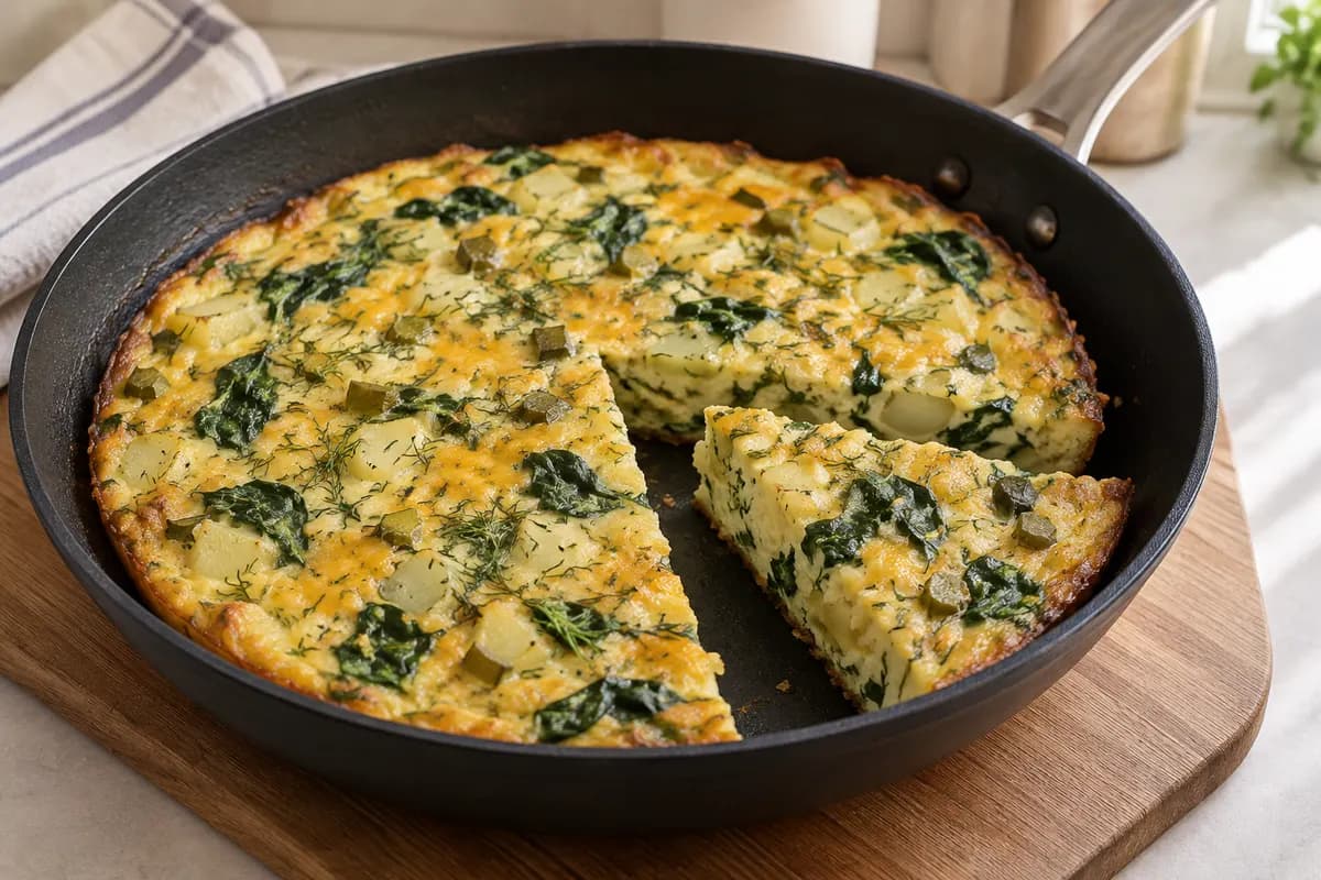 Golden potato and pickle frittata in a frying pan, with spinach, cheddar and a cut wedge showing the set egg centre