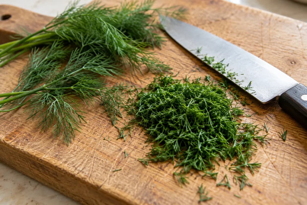 Chopped fresh dill beside a kitchen knife on a board.