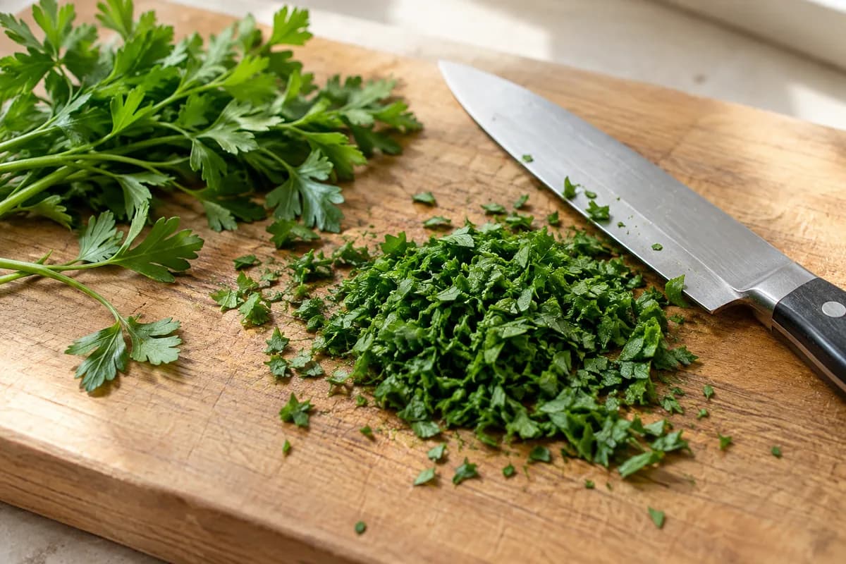 Chopped flat-leaf parsley beside a kitchen knife on a board.