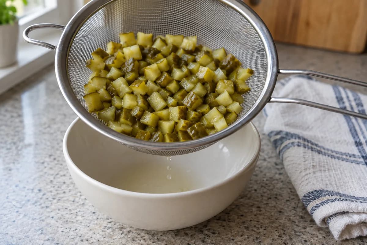 Chopped dill pickles draining in a sieve before mixing.