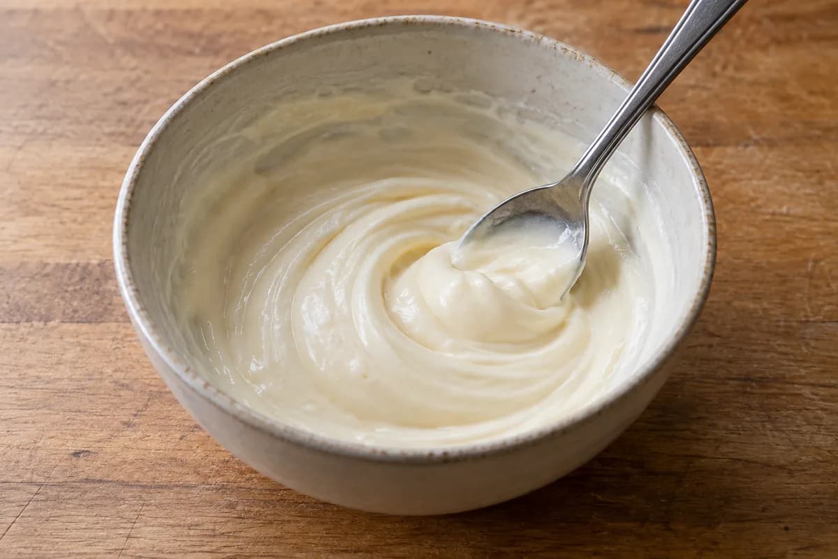 A spoon stirring a plain creamy dressing base in a bowl.