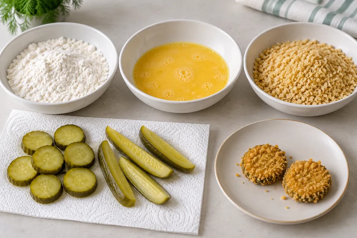 Flour, beaten egg and breadcrumbs set beside drained pickle coins and spears.