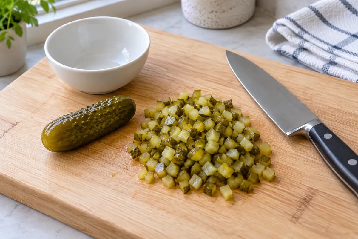 Diced dill pickles on a clean chopping board beside a knife and bowl.