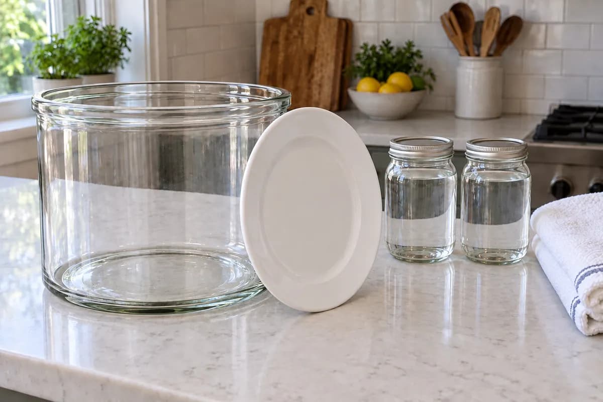 An empty wide-mouthed glass vessel, a clean plate, sealed water-filled weight jars and a folded heavy towel.