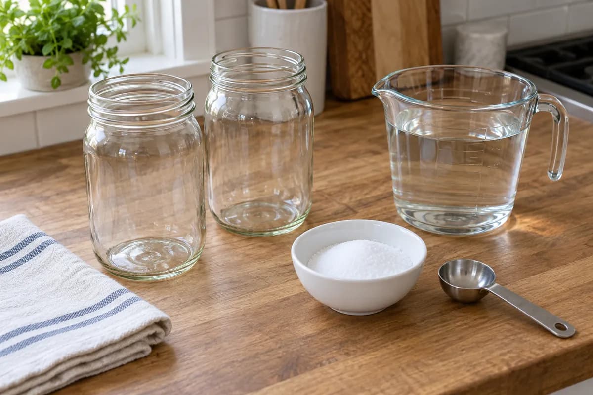 Clean empty glass jars, a measuring jug and a small bowl of salt on a kitchen worktop.