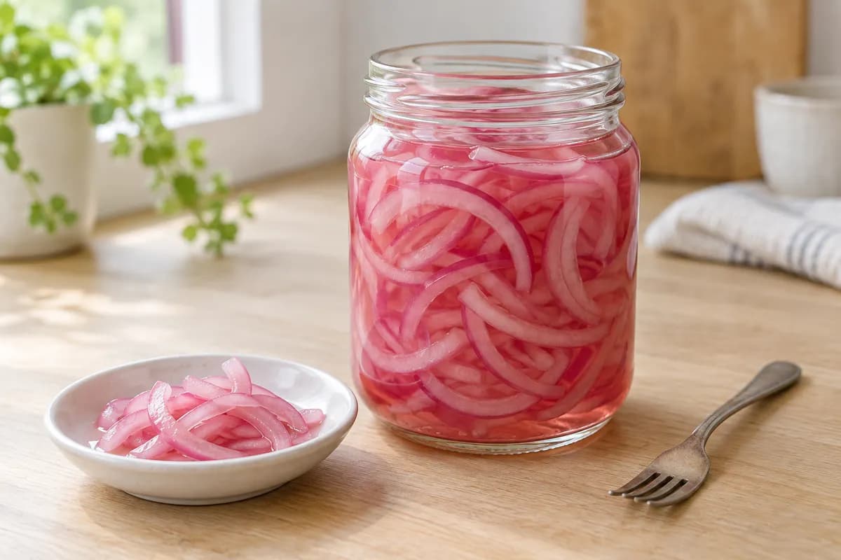 Fine pink pickled red-onion slices in a clear jar.