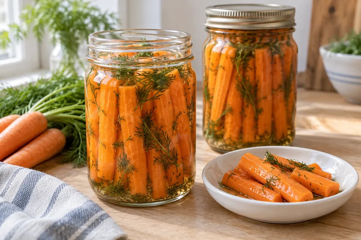 Orange carrot sticks and fresh dill in two jars of clear refrigerator-pickle brine.