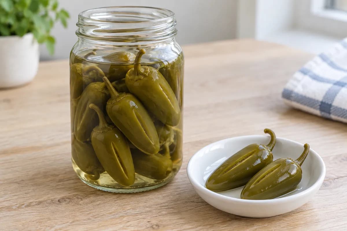 Whole green pickled jalapeños in a clear jar of vinegar marinade.