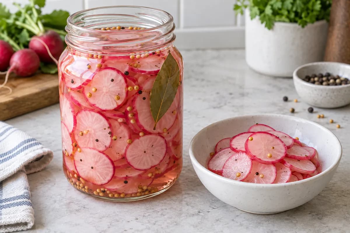Thin pickled radish rounds in a jar with mustard seeds and a bay leaf.