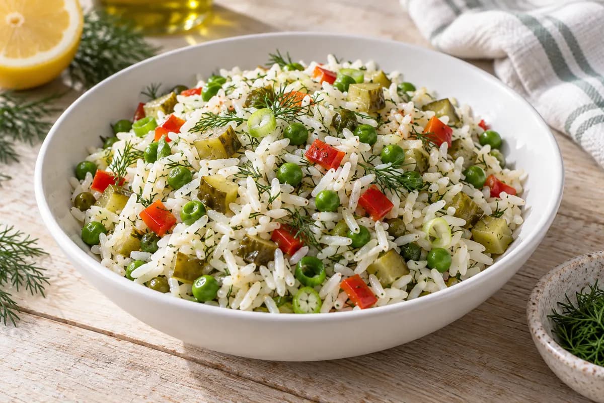 Long-grain rice salad with peas, diced pickles, red pepper, spring onion and dill.