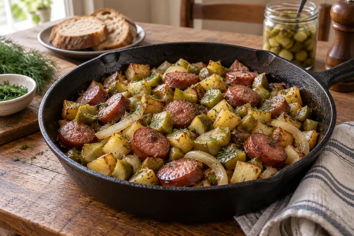 A skillet of browned potatoes, smoked sausage, onion, dill and chopped pickles.