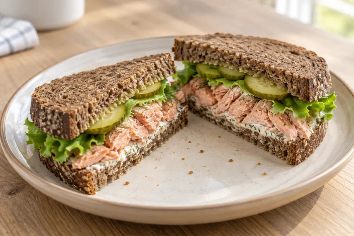 Rye sandwich halves with flaked smoked salmon, dill cream cheese, lettuce and thin pickle slices