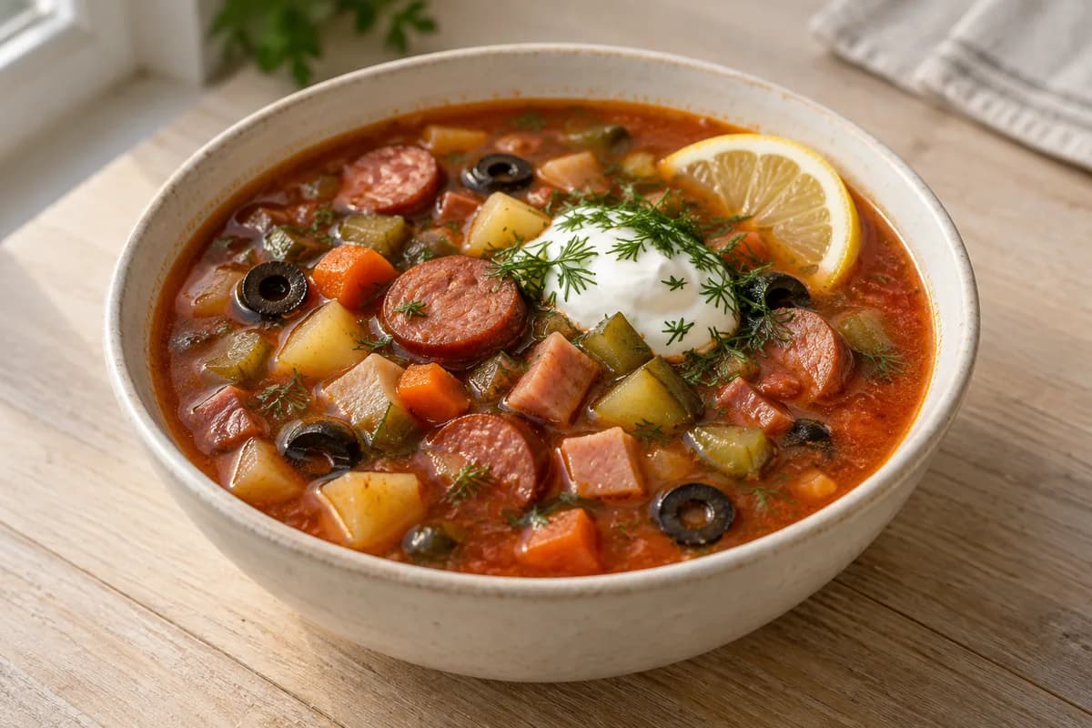 Tomato-red solanka-inspired soup with potatoes, sausage, ham, pickles and olives, topped with sour cream and dill
