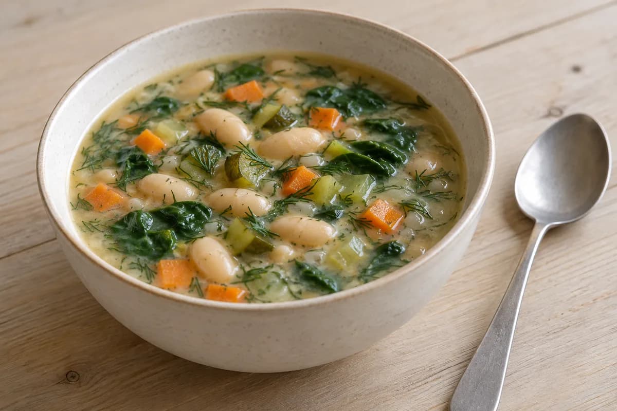 White bean soup with carrots, spinach, diced pickles and dill in a lightly creamy vegetable broth