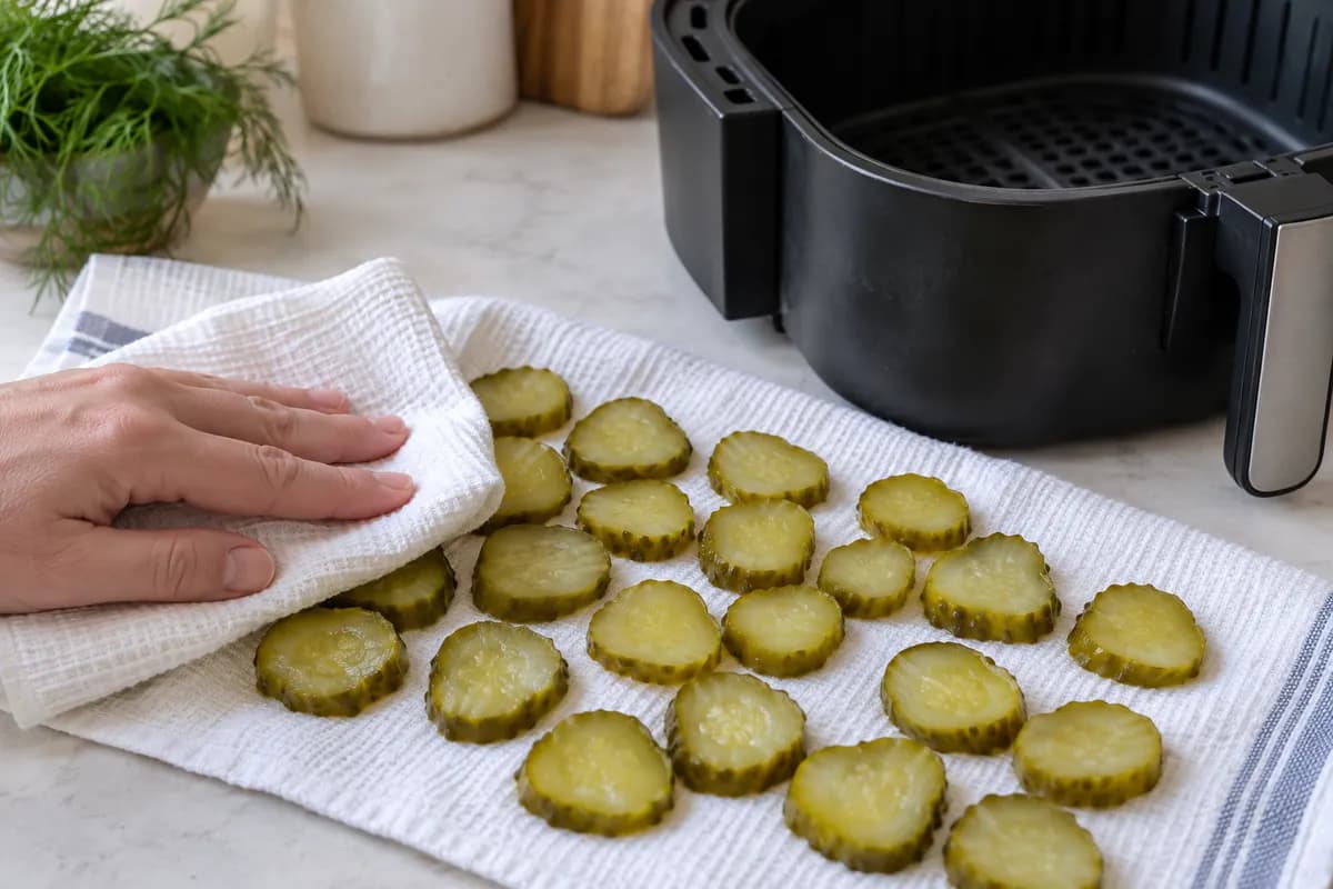 Pickle coins spread on a towel and blotted dry before coating.
