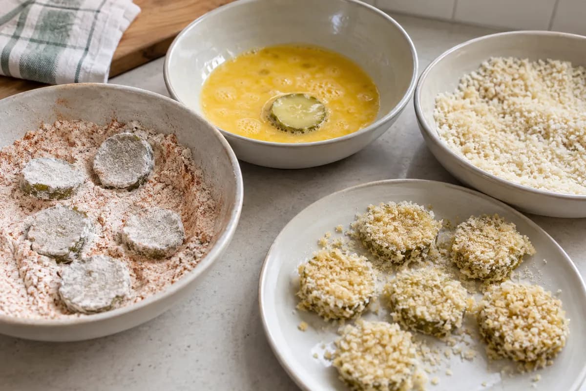 Pickle coins coated through flour, egg and panko, then set apart.