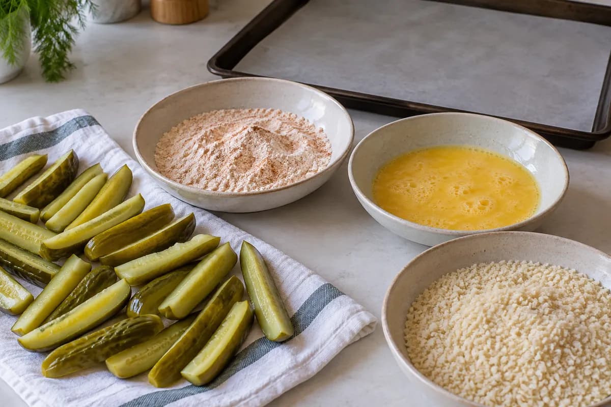 Dried pickle spears beside flour, beaten egg and panko.