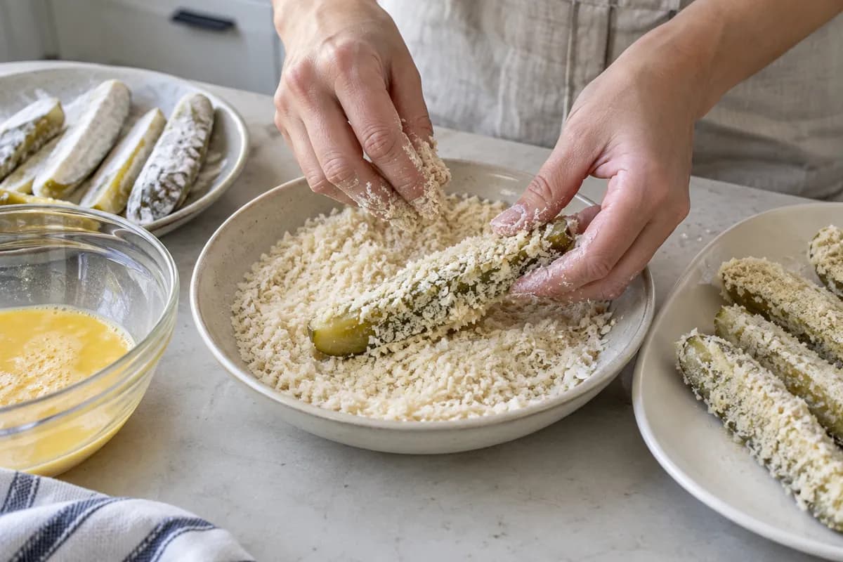 Pickle spears coated in breadcrumbs, including their ends.