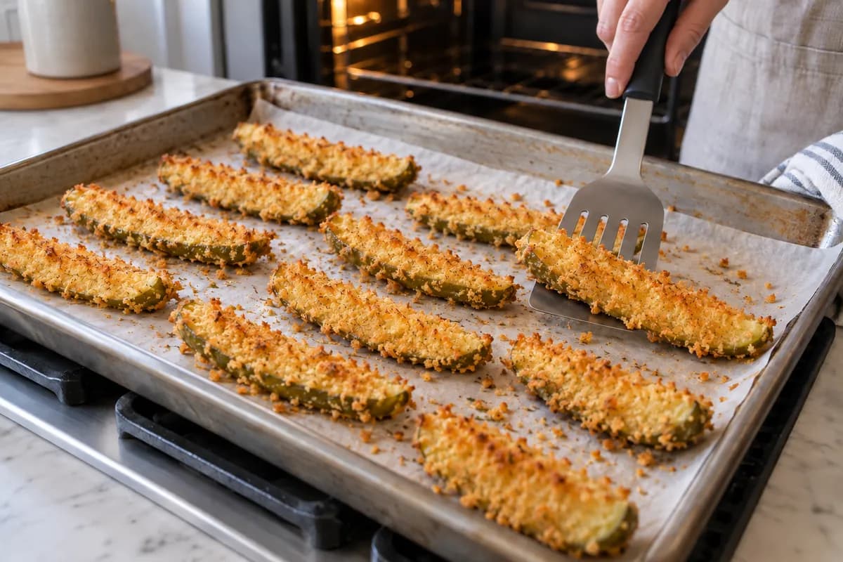 Golden baked pickle spears spaced apart on a lined tray.