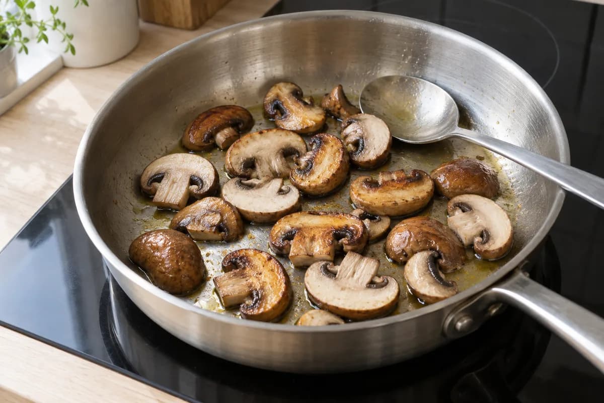 Sliced chestnut mushrooms browning in a thin layer in a wide saucepan