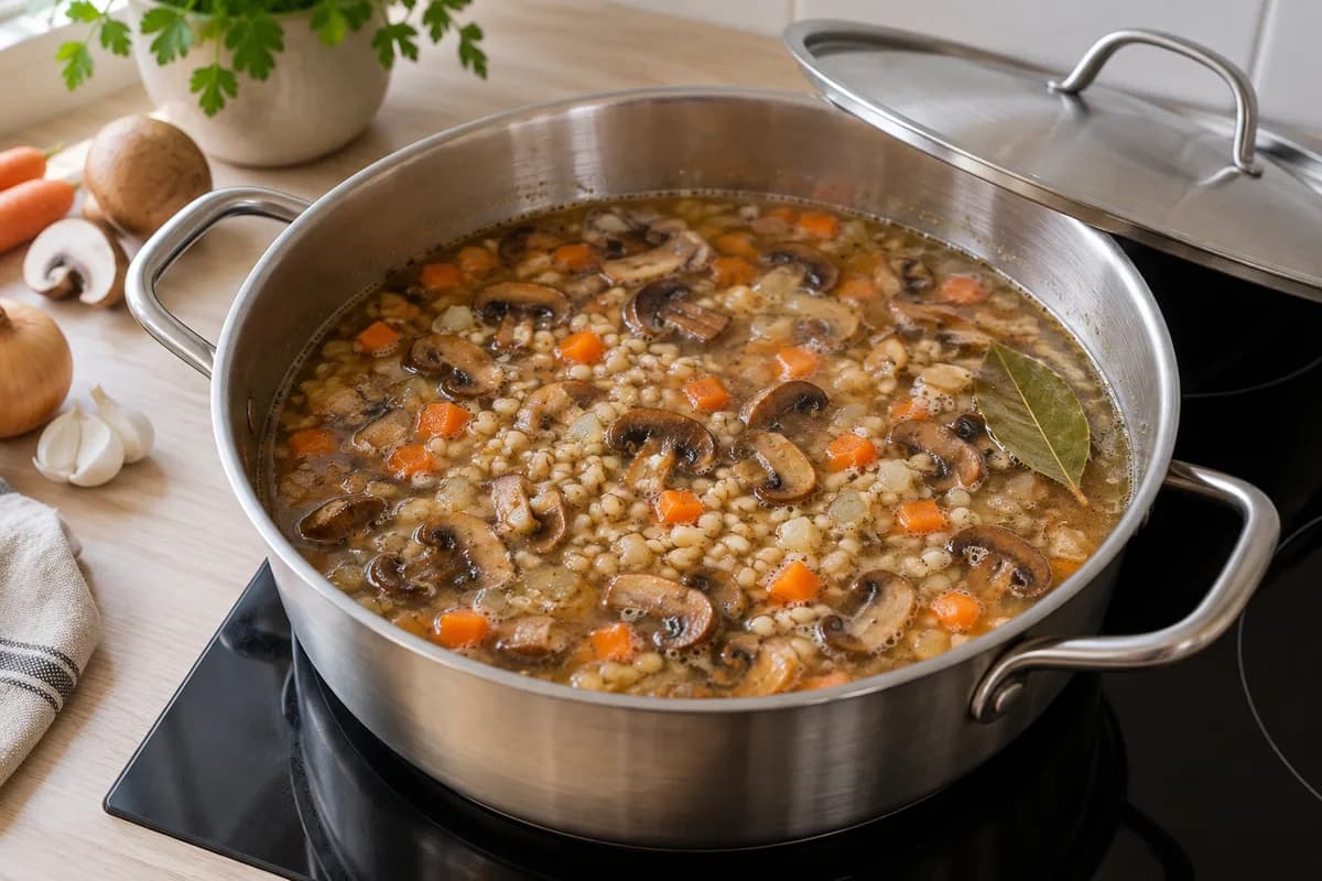 Pearl barley, mushrooms, carrot and a bay leaf beginning to simmer in broth
