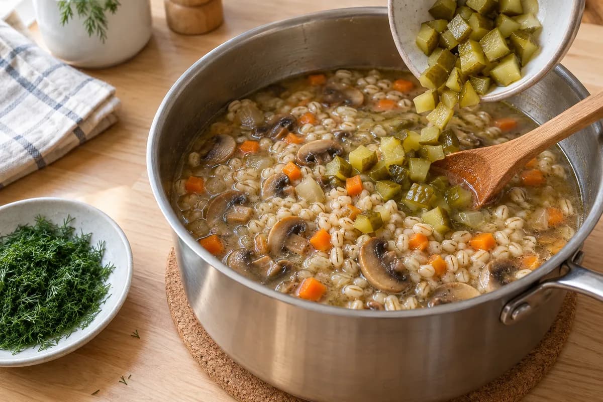 Diced pickles being folded into tender barley and mushroom soup