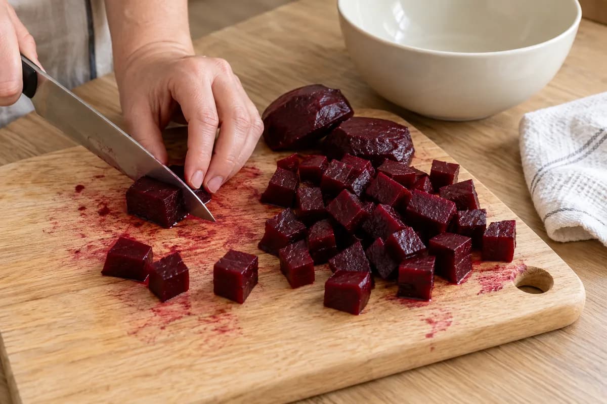 Plain cooked chilled beetroot diced into even 1 cm cubes on a pale oak board with natural burgundy juice stains.