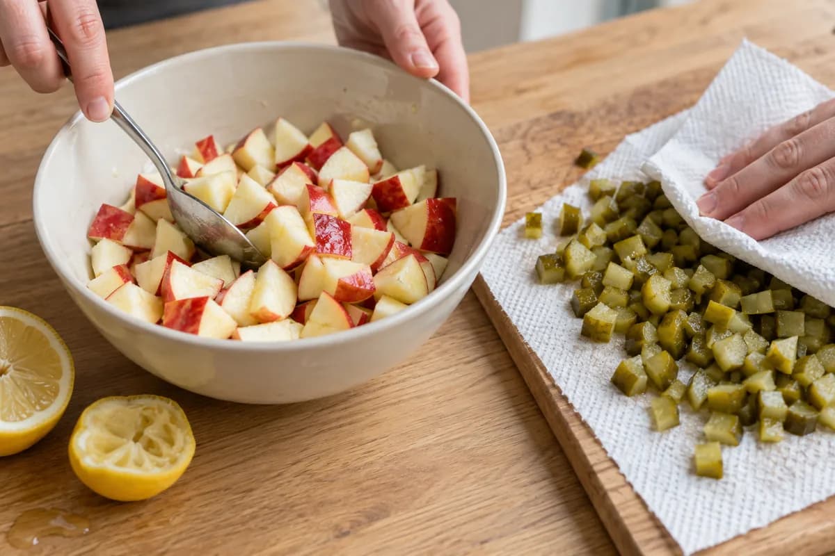 Cream ceramic bowl holding fresh apple cubes with red skin and a little lemon juice, gently tossed with a spoon.