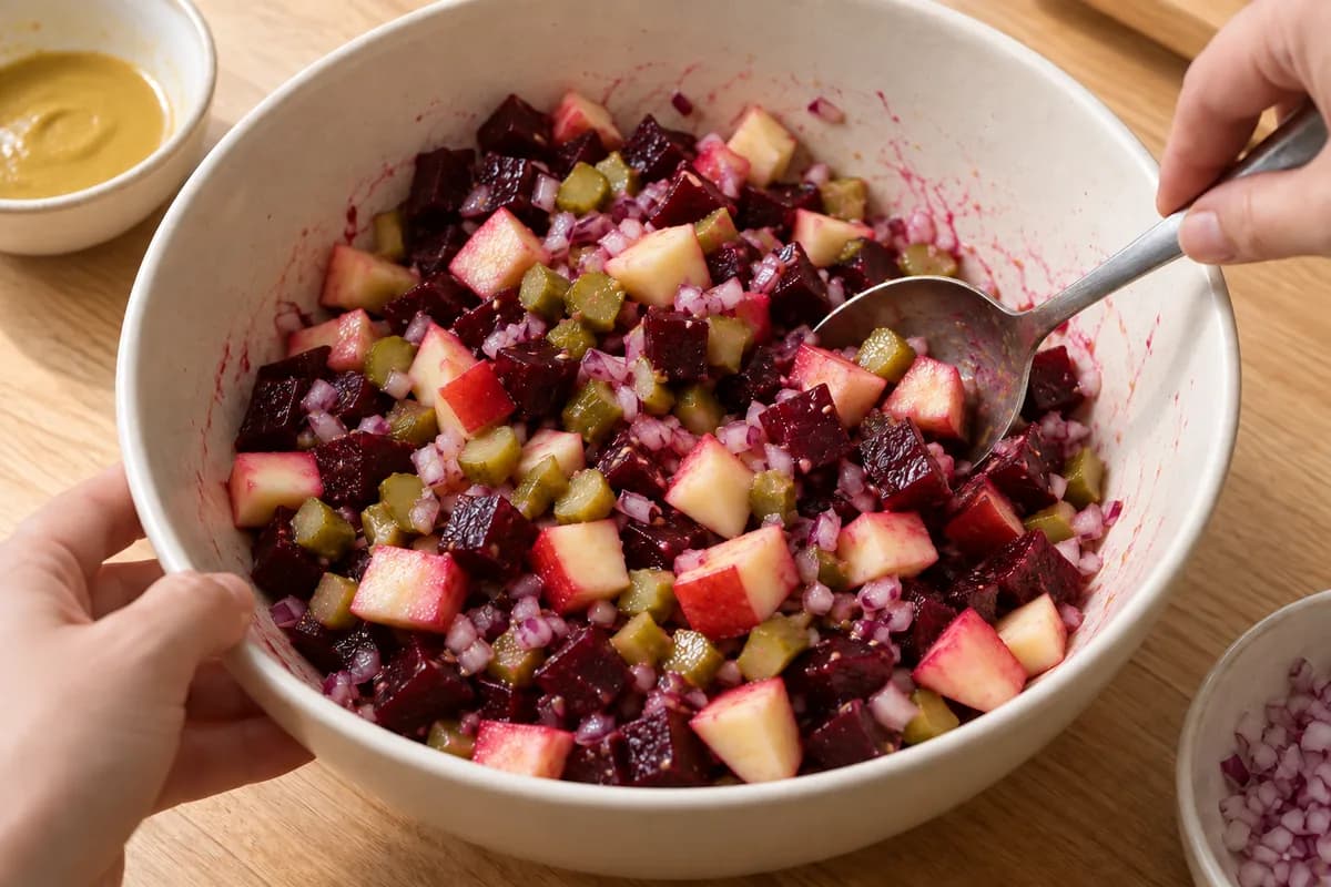 Large cream ceramic mixing bowl of cooked beetroot cubes, apple cubes, small pickle pieces and finely diced red onion being gently folded through an olive-oil mustard dressing.