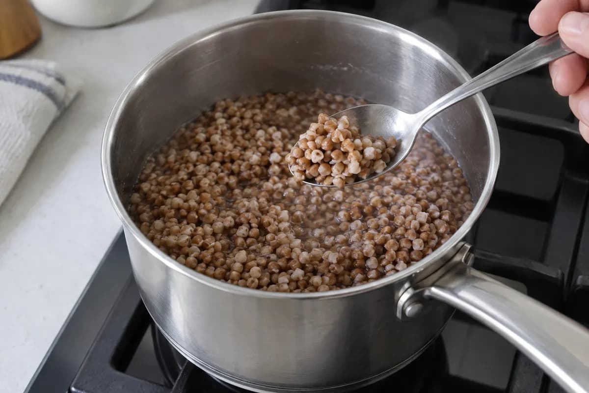 Whole buckwheat groats checked for tenderness in the saucepan.