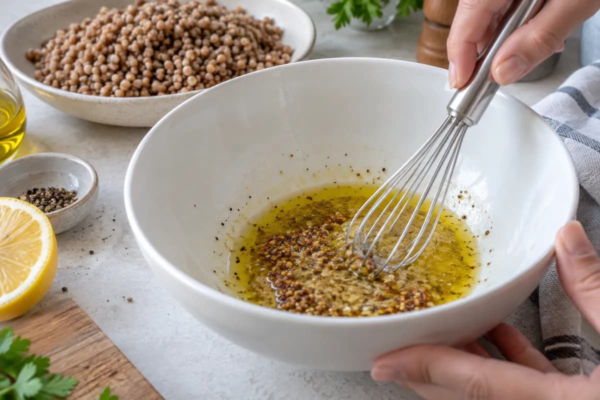 Oil, lemon and wholegrain mustard whisked together in a bowl.