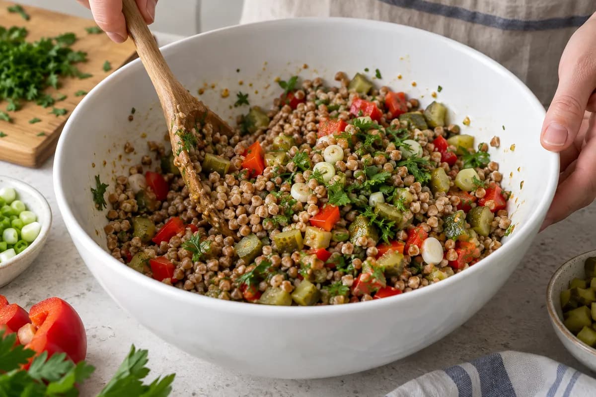 Diced pickles, pepper and herbs folded into dressed buckwheat.