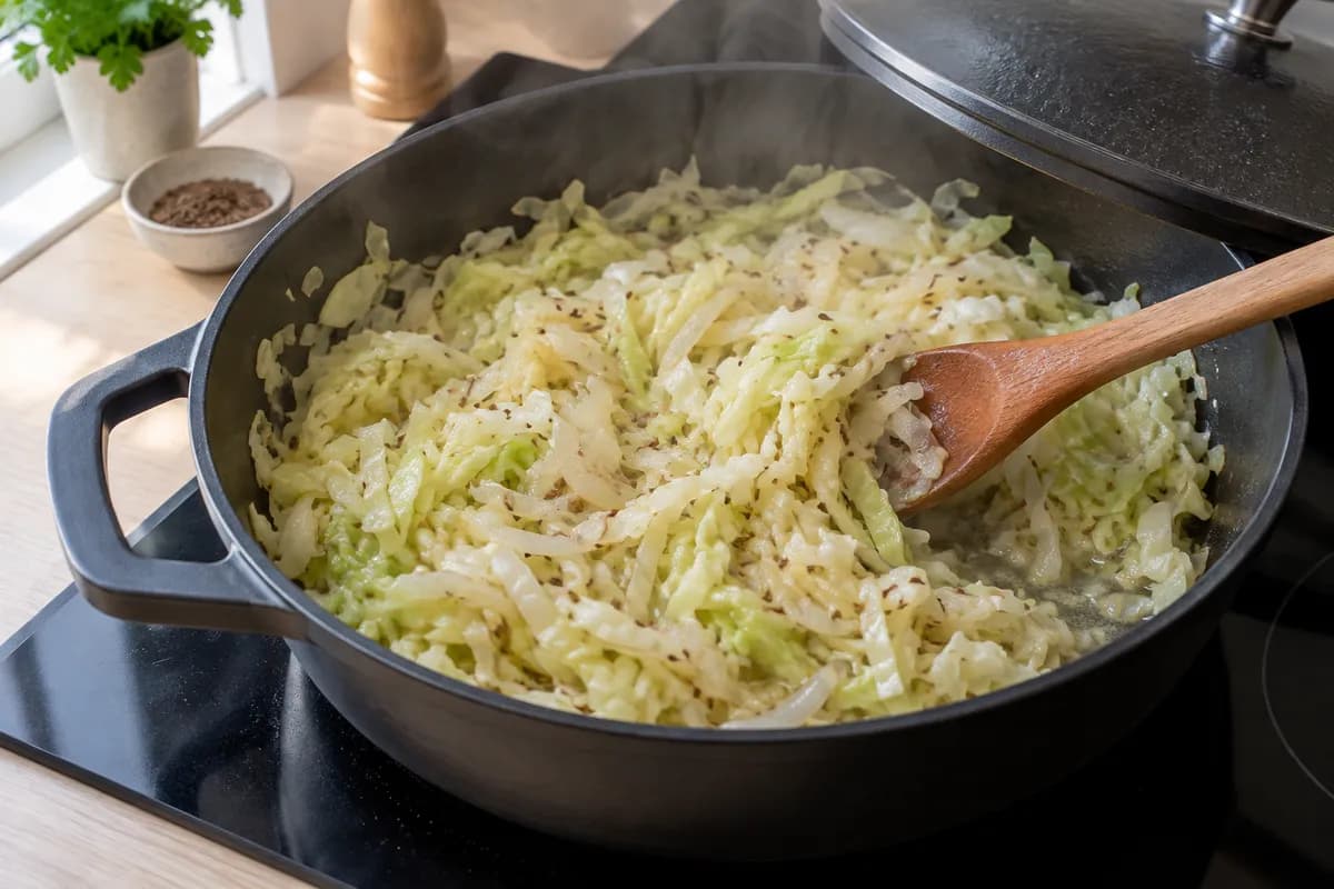 Sliced cabbage settling over onion in a wide pan with caraway