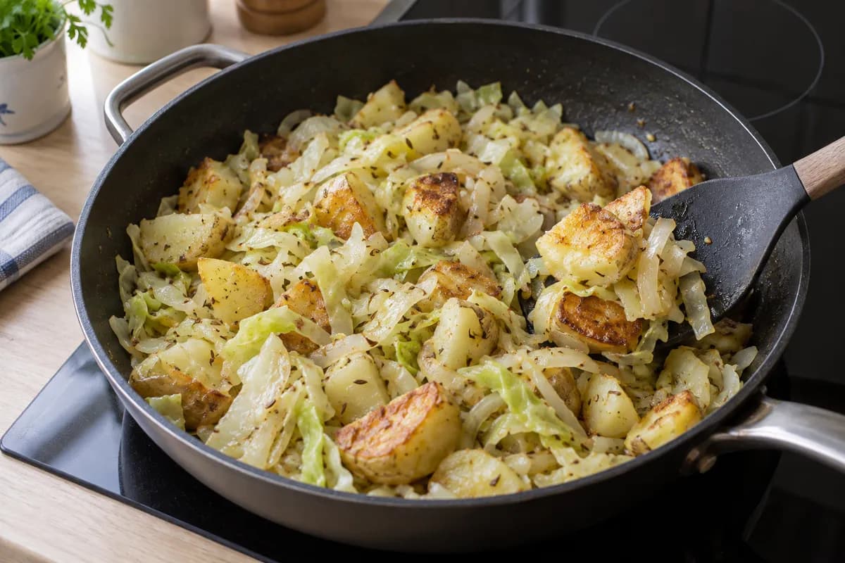 Potatoes browning among softened cabbage after the water evaporates