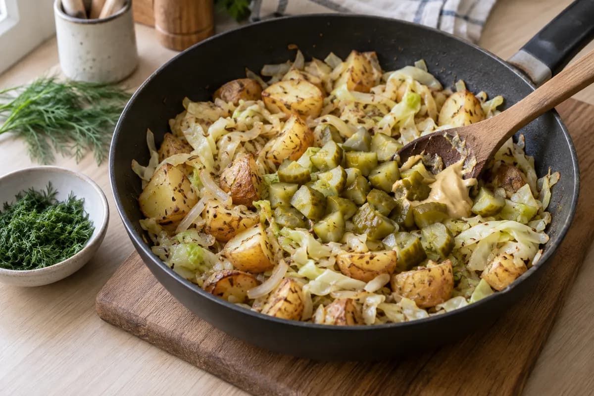 Chopped pickles and mustard folded through browned potatoes and cabbage