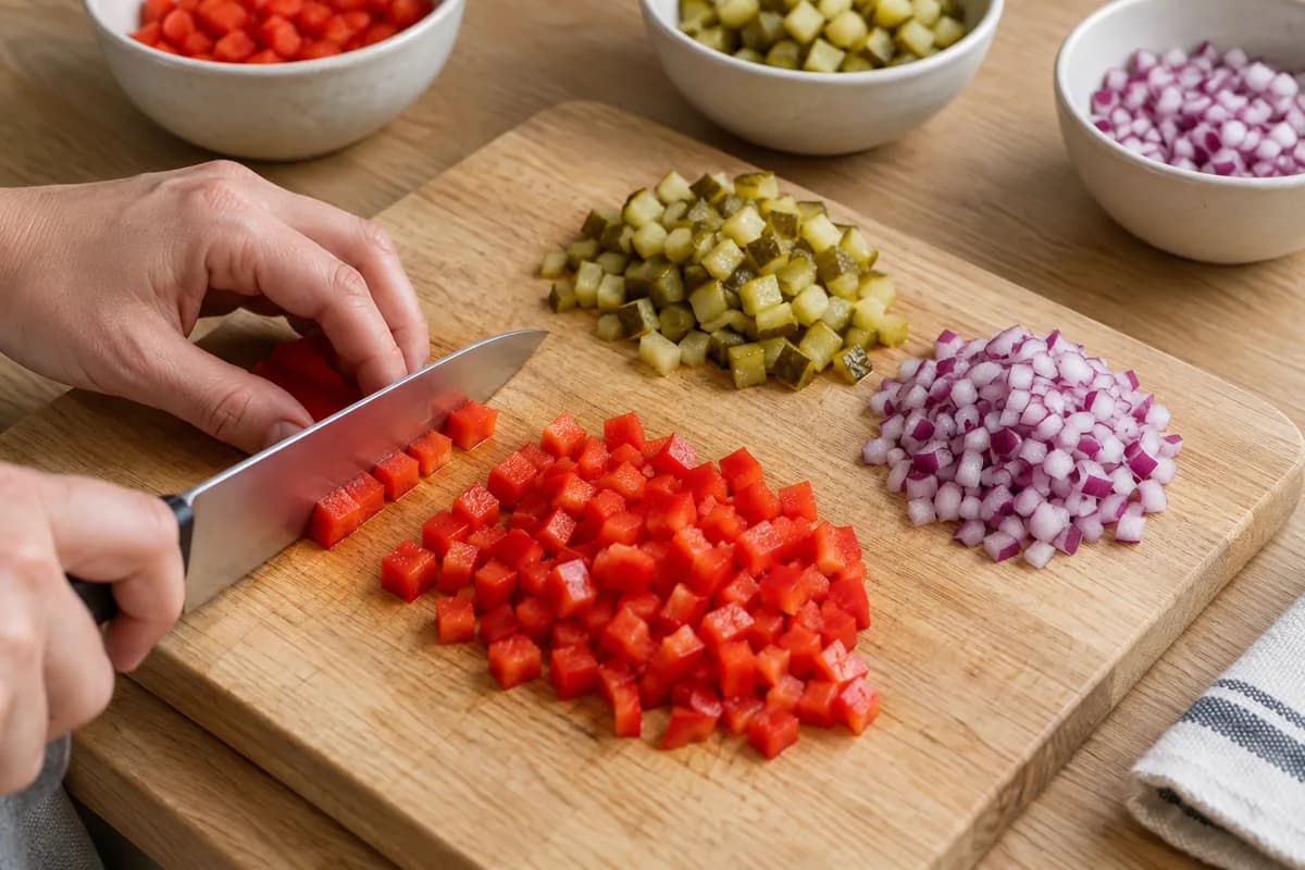Pale oak board with trimmed red bell pepper being cut into small cubes; no stalk, seeds or white ribs in the prepared pile.