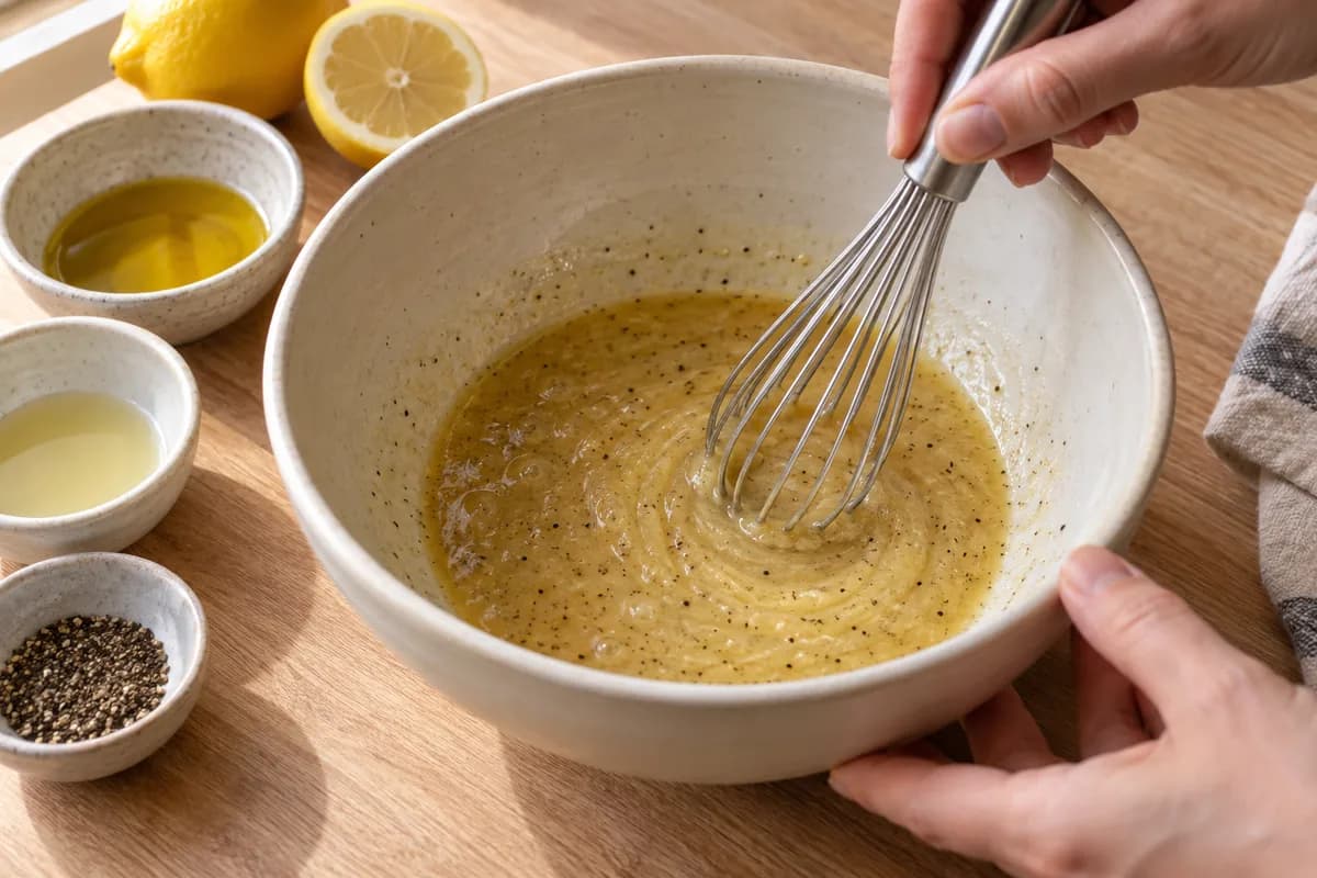 Large cream ceramic mixing bowl with olive oil, lemon juice, Dijon mustard and black pepper being whisked into a cloudy pale-gold dressing.