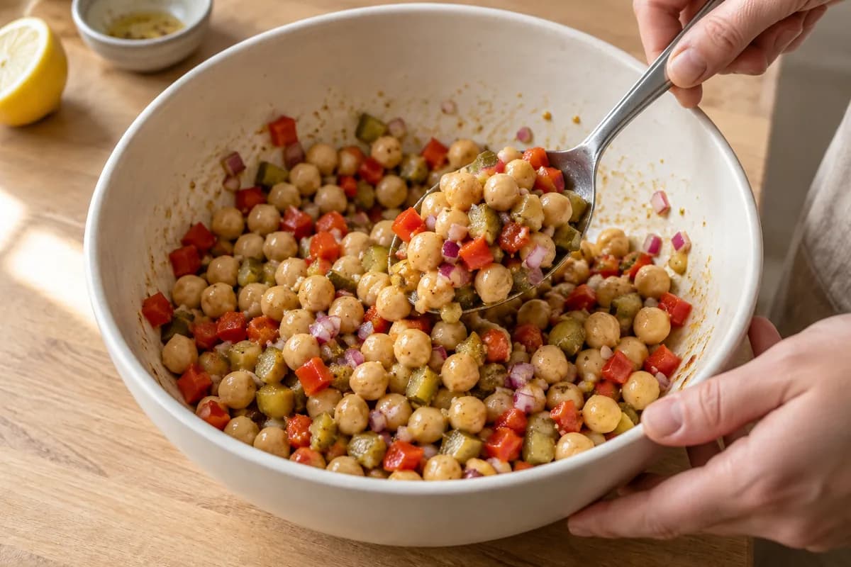 Chickpeas, diced pepper, pickles and red onion being tossed in lemon-mustard dressing.