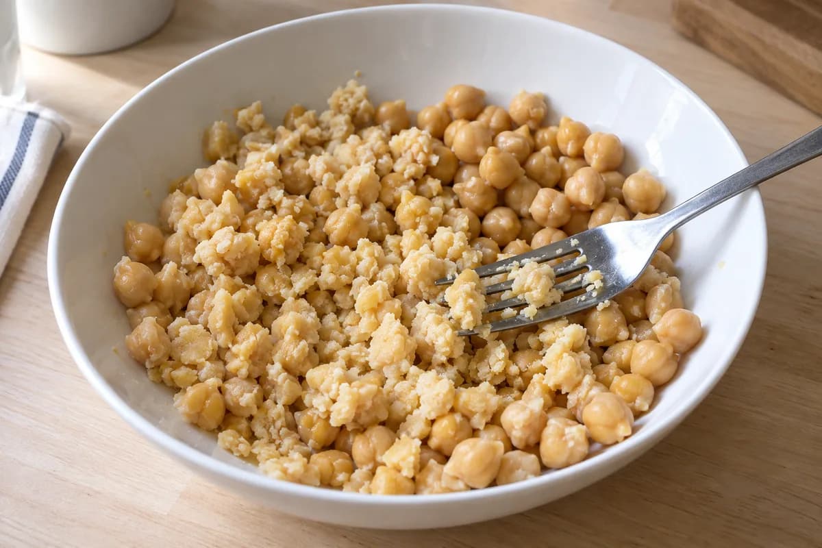 A fork crushing some chickpeas in a wide bowl