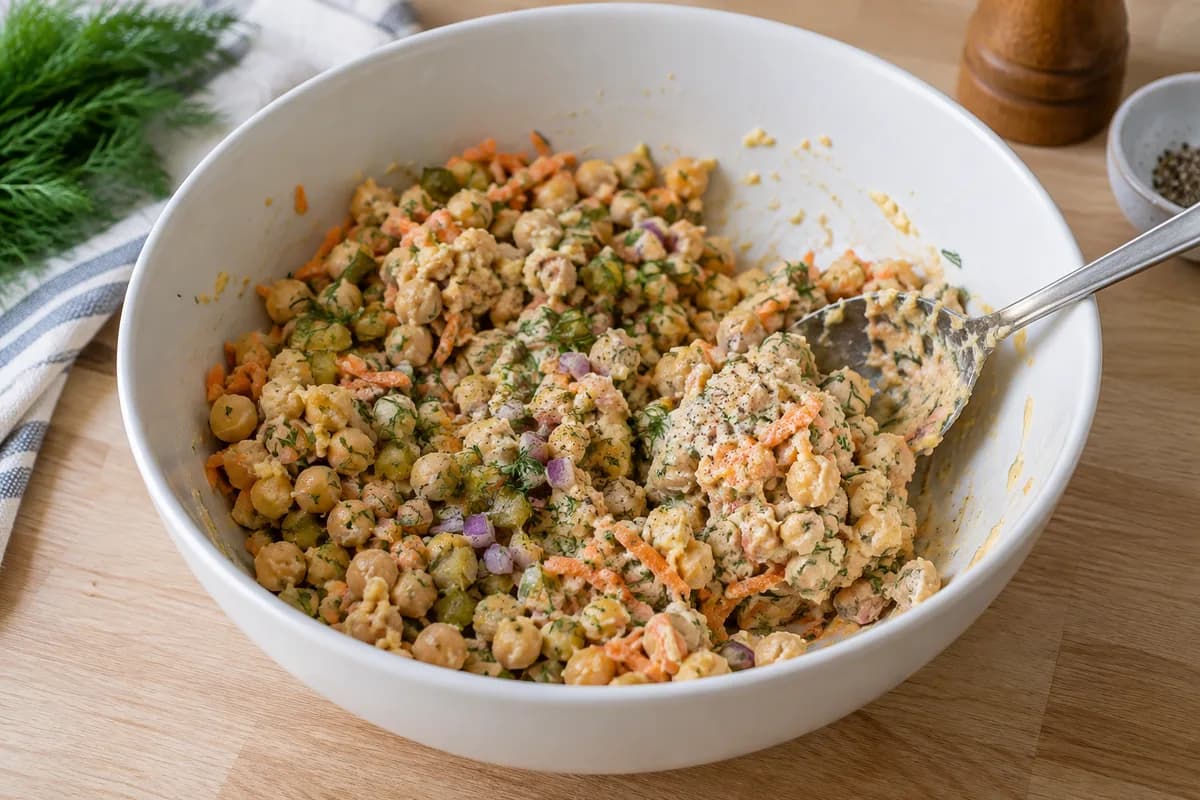 Mashed chickpea filling mixed with carrot, pickles and dill