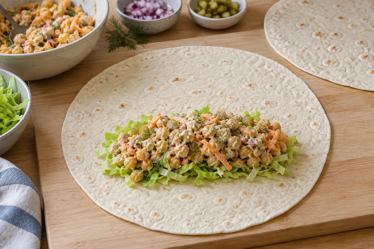 Chickpea filling placed on lettuce across a soft tortilla