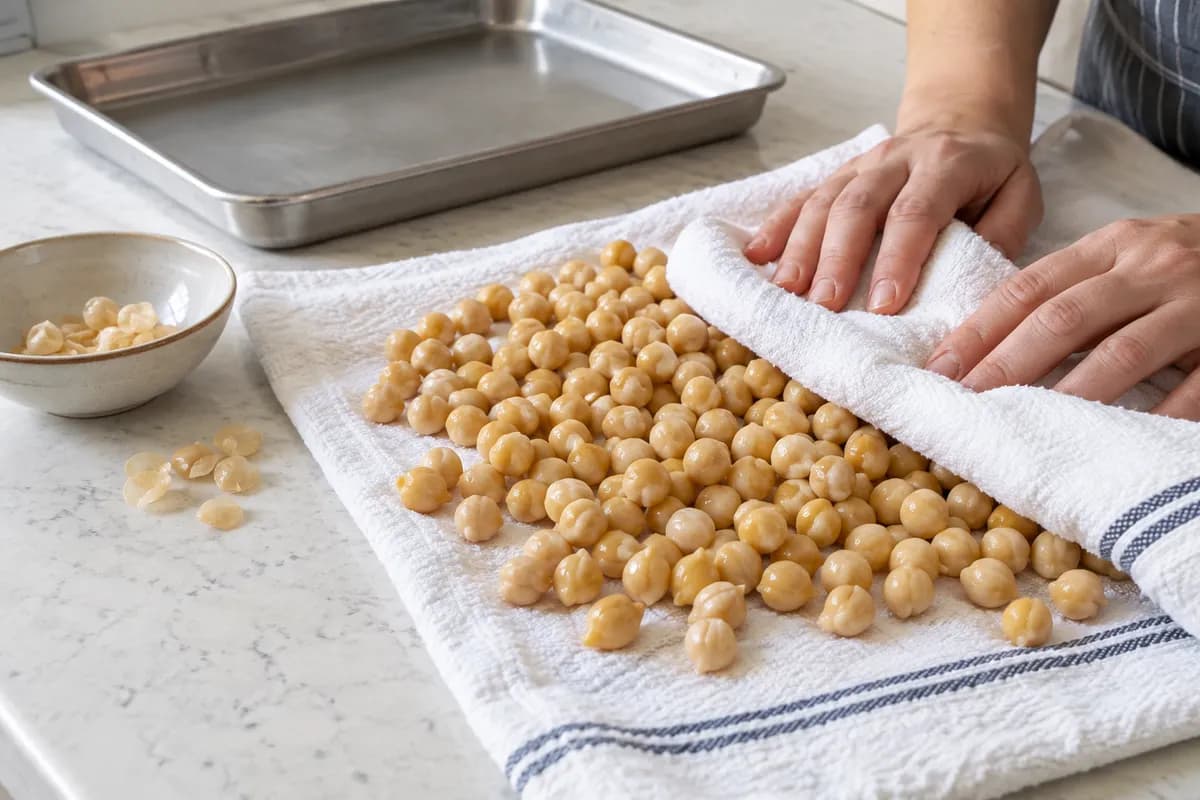Rinsed chickpeas blotted dry on a clean towel.