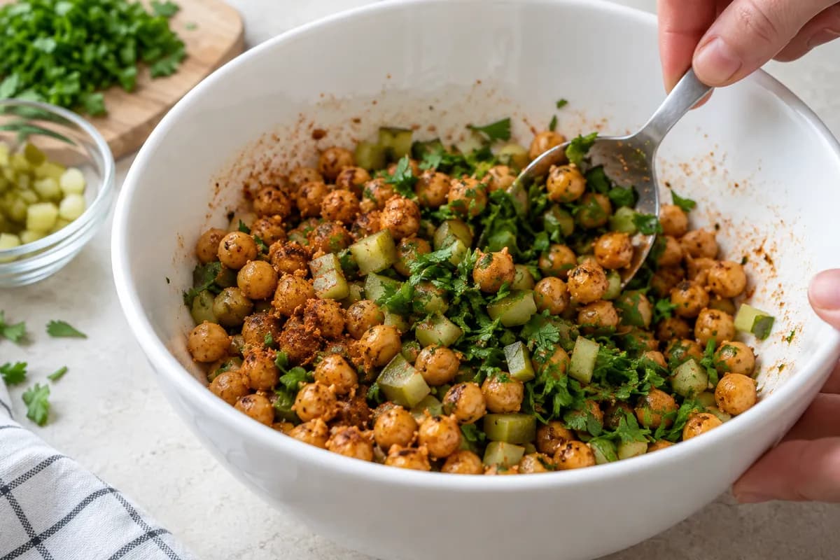 Diced pickles and parsley folded through cooled roasted chickpeas.