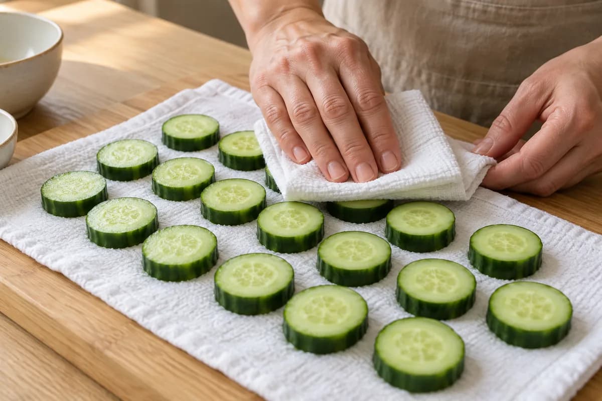 Fresh cucumber cut into even 1 cm rounds on a clean white kitchen towel on a pale oak board.