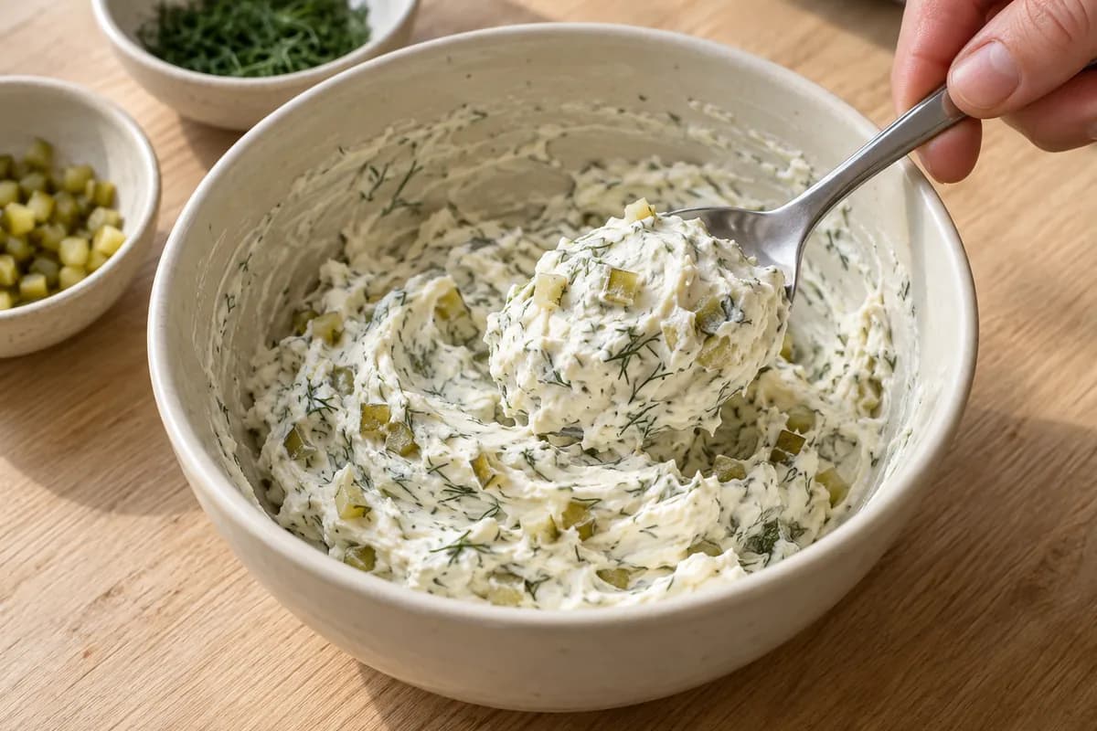 Small cream ceramic bowl of thick cream cheese with tiny drained pickle cubes and finely chopped dill being folded by a spoon.