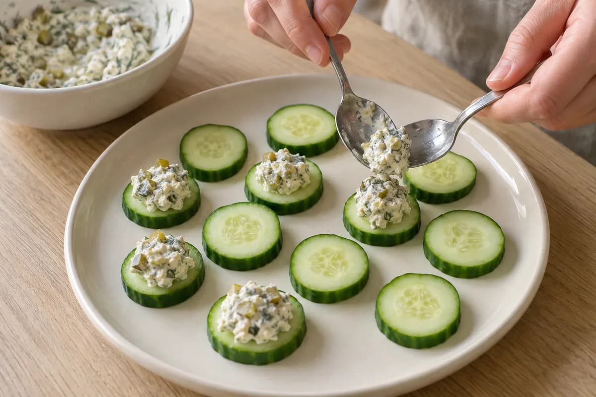 Plain cream plate with fresh cucumber rounds, some bare and some topped.
