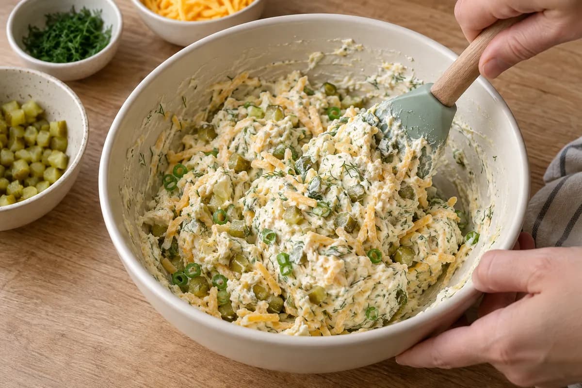 Softened cream cheese being mixed with cheddar, diced pickles, spring onion and dill.