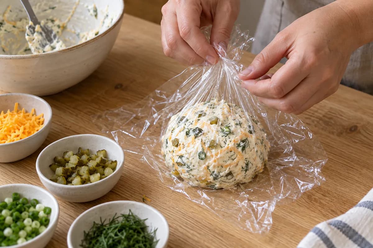Thick cream-cheese mixture flecked with fine cheddar, tiny green pickles, dill and spring onion gathered into a rounded mound inside transparent food-safe wrap.