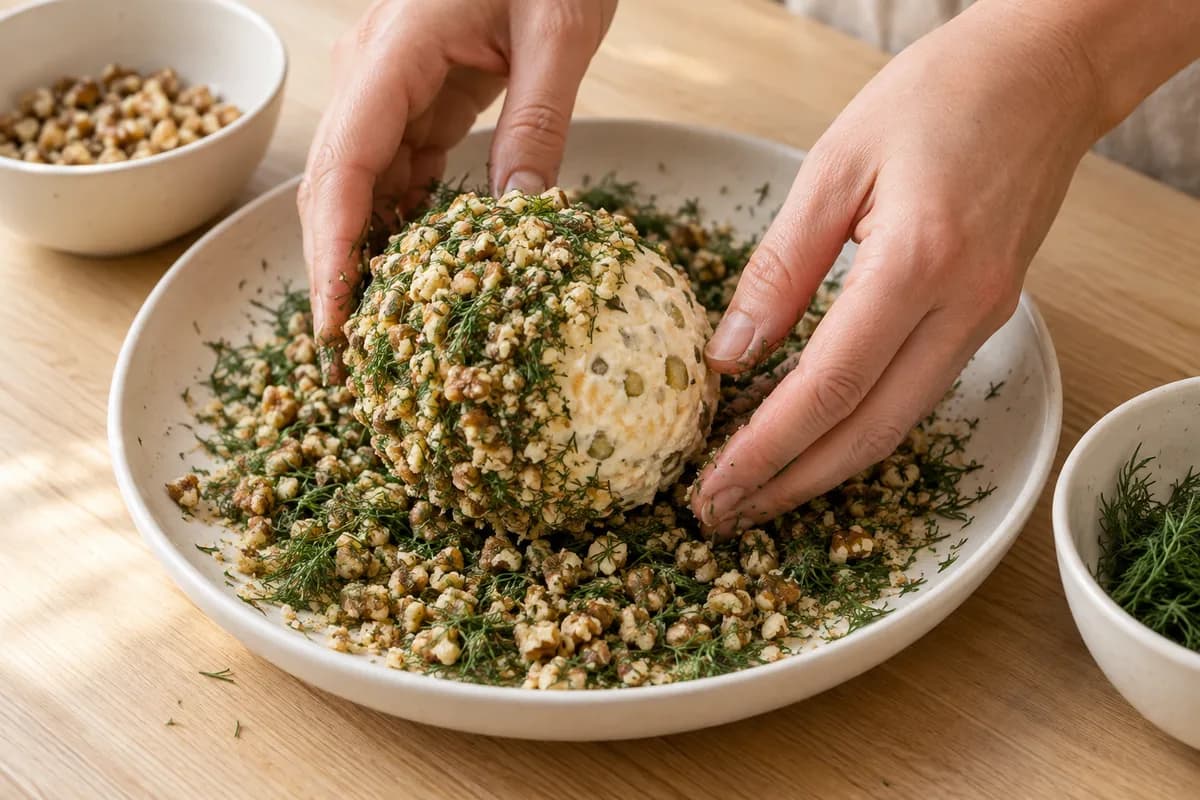 An unwrapped chilled pickle-and-cheddar cream-cheese ball being gently rolled by clean hands over finely chopped walnuts and fresh dill on a shallow cream plate.