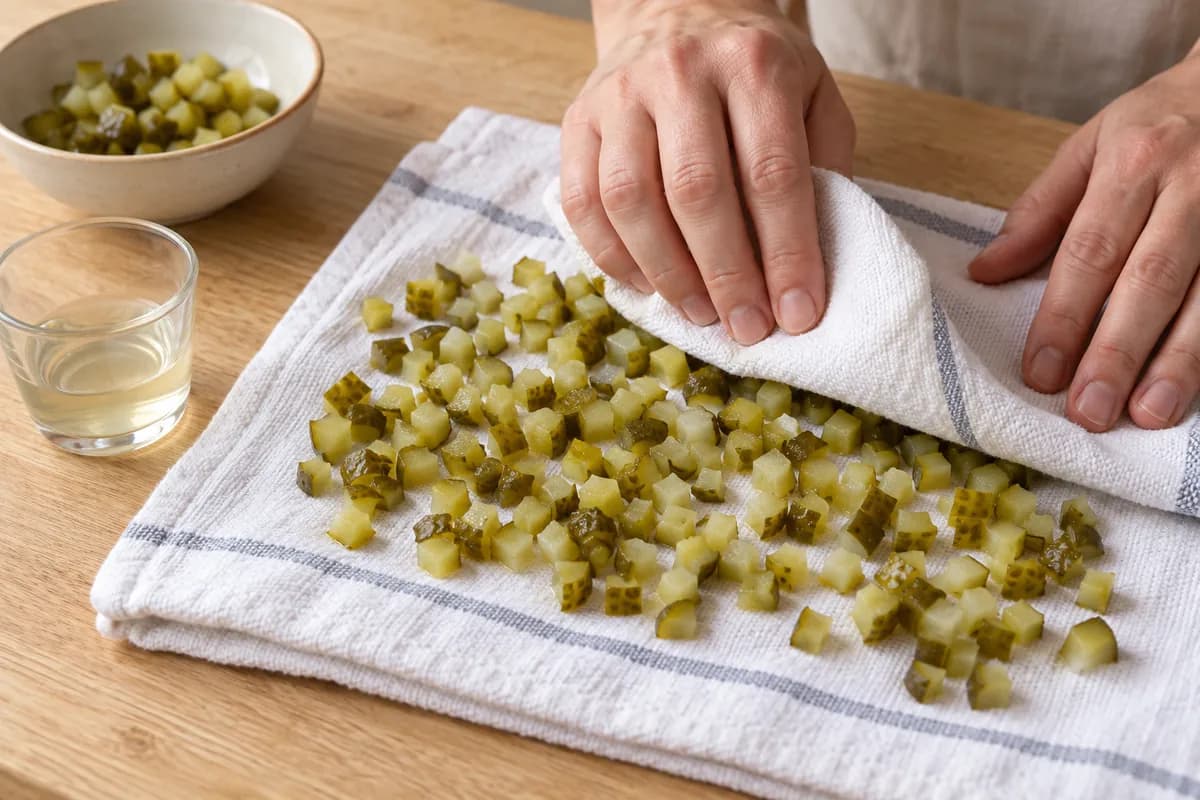 Small pickle cubes being blotted with a clean towel, with the measured brine kept in a separate glass.